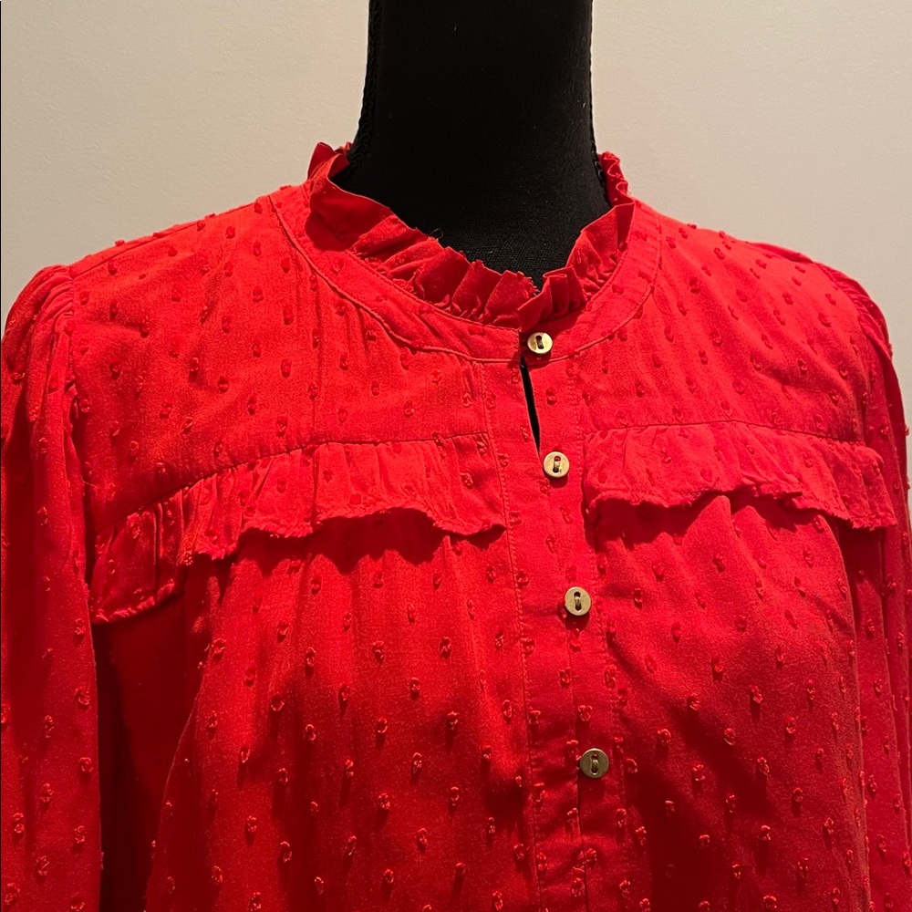 LOFT Women’s Swiss Dot Ruffle Blouse Size M Red Romantic Peasant Boho Adaptable - Picture 1 of 11